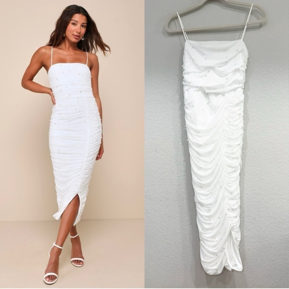 NWOT Lulus Toast to Romance White Ruched Pearl Bodycon Midi Dress